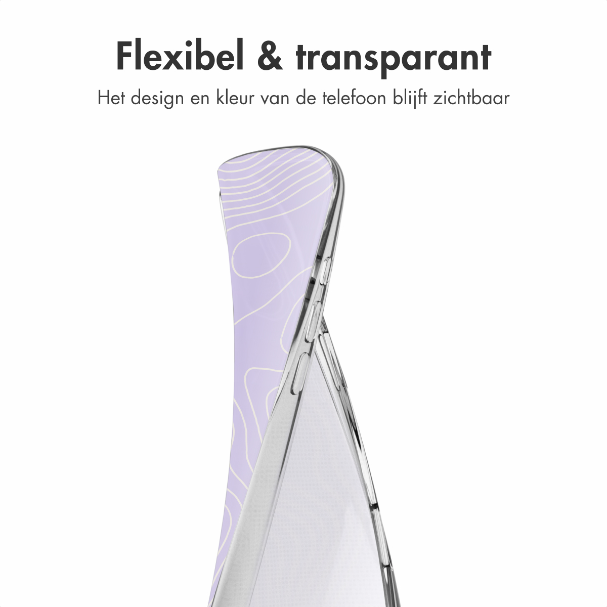 Transparante telefoonhoes over een lila ontwerp. De hoes is transparant, de achtergrond is wit.