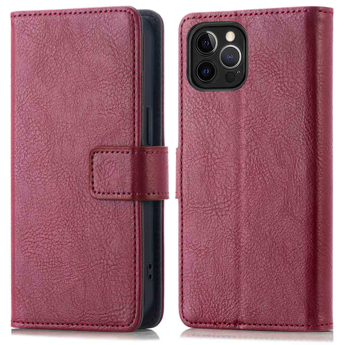 Bordeaux leren telefoonhoes, voor- en achterkant, met magnetische sluiting.