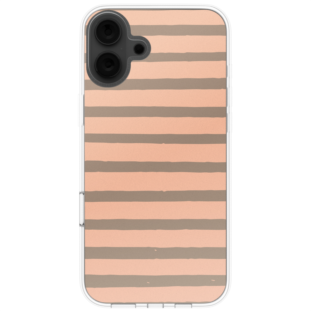 Telefoonhoesje met roze en grijze horizontale strepen, doorzichtige randen en camera.