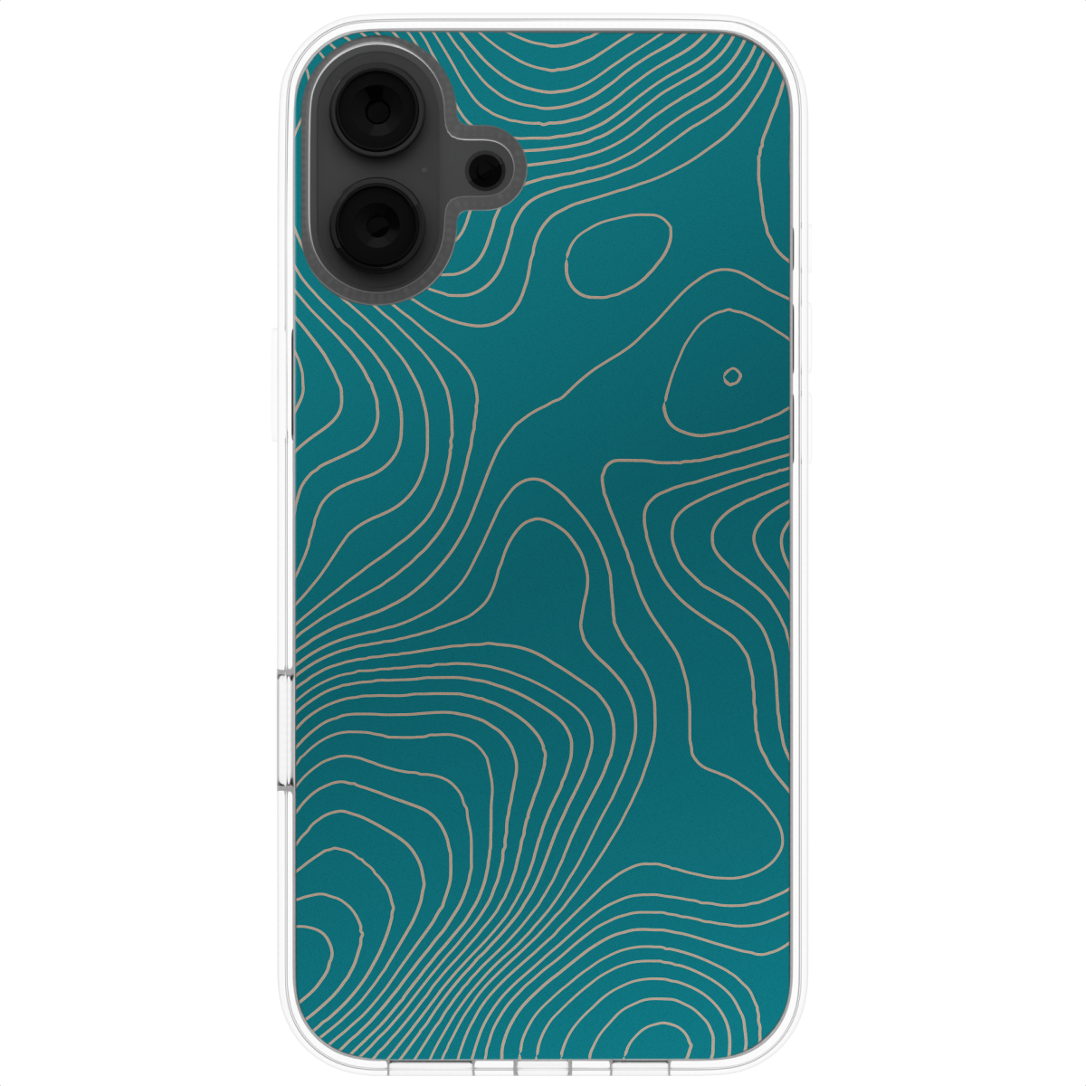 Telefoonhoesje in teal met topografisch lijnenontwerp.