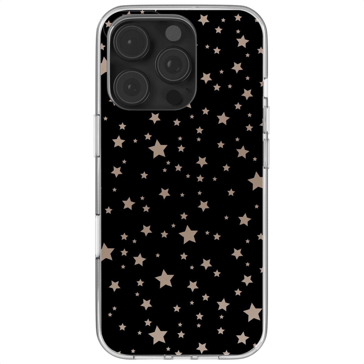 Zwarte telefoonhoes met een sterrenpatroon. De sterren zijn bruin van kleur. De telefoon is zichtbaar.