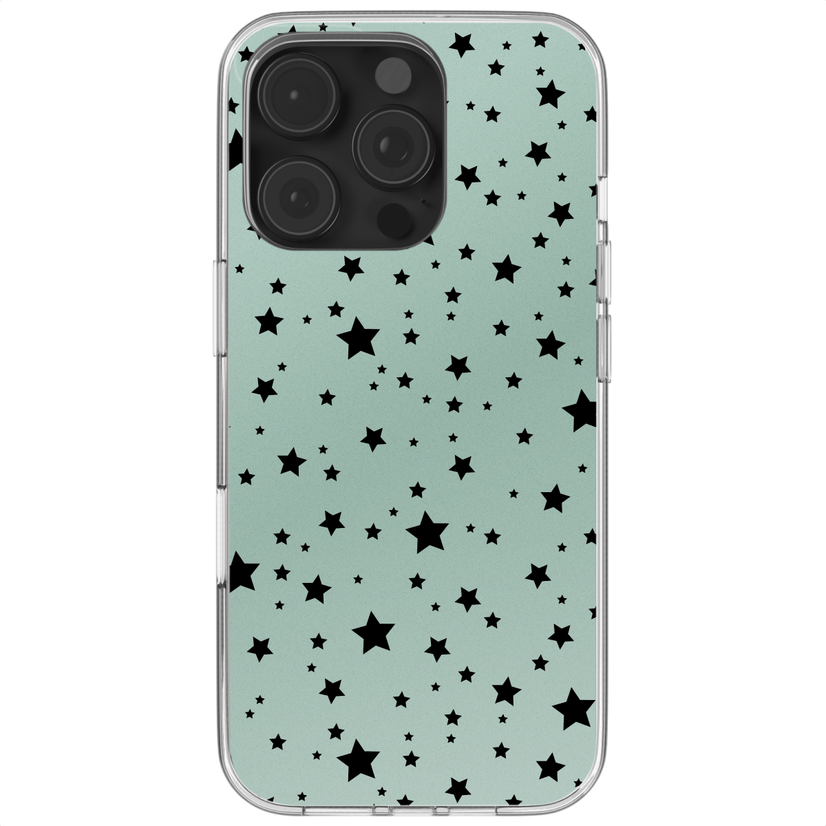 Telefoonhoesje met een mintgroene achtergrond en zwarte sterren. Witte achtergrond.