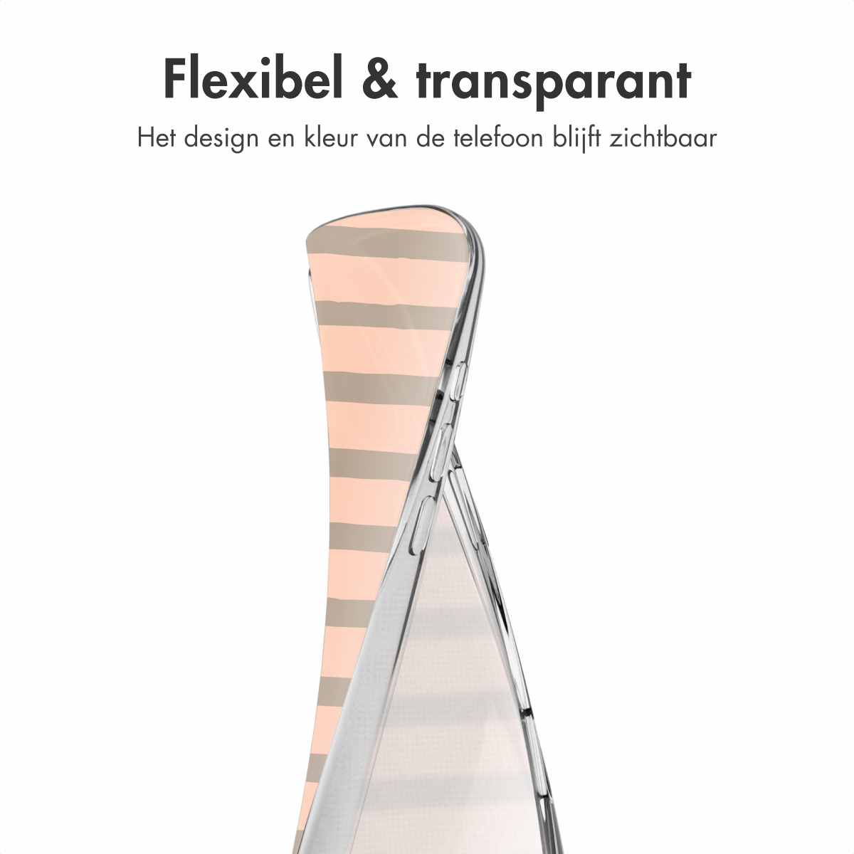 Transparante telefoonhoes met een roze en grijs gestreept ontwerp. De telefoon is zichtbaar.