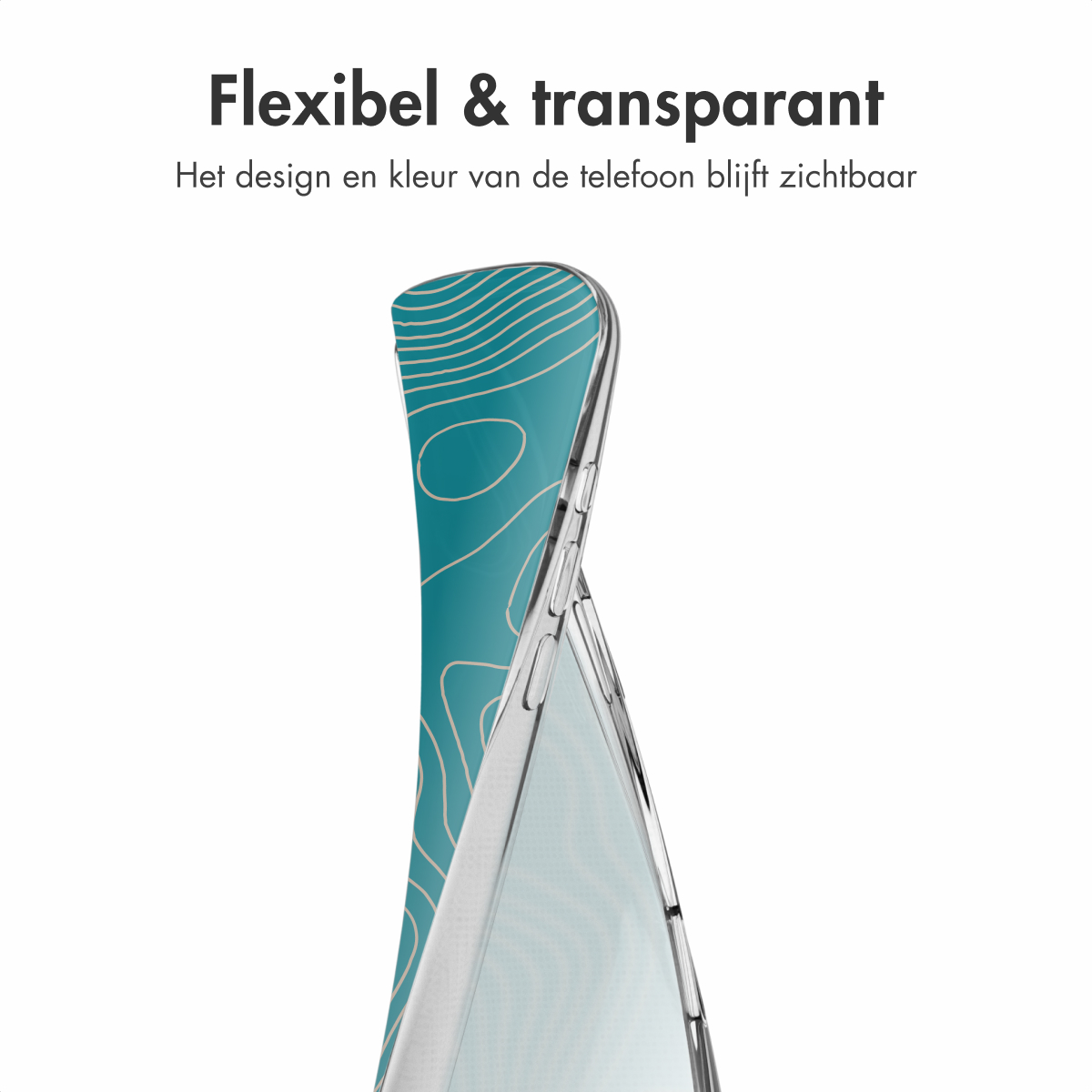 Een transparante telefoonhoes met een turquoise ontwerp aan de binnenkant. Het ontwerp is zichtbaar.