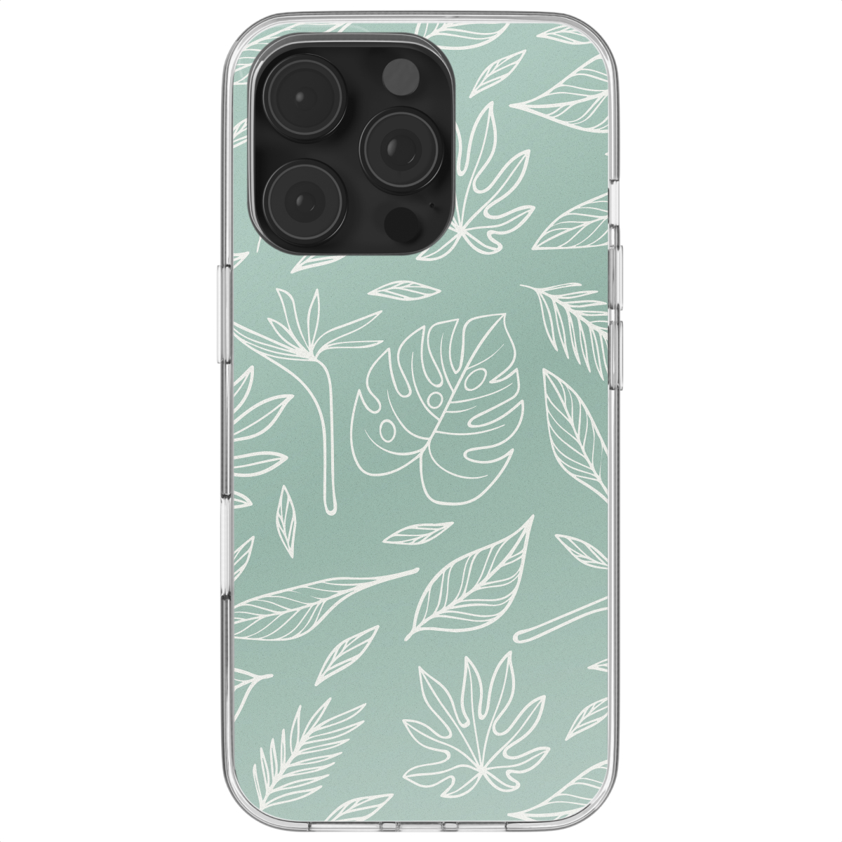 Een telefoonhoesje met een groene achtergrond en een wit tropisch bladmotief.
