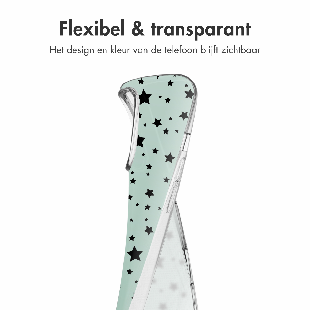 Transparante telefoonhoes met een mintgroene achtergrond en zwarte sterren. De hoes is flexibel en transparant.