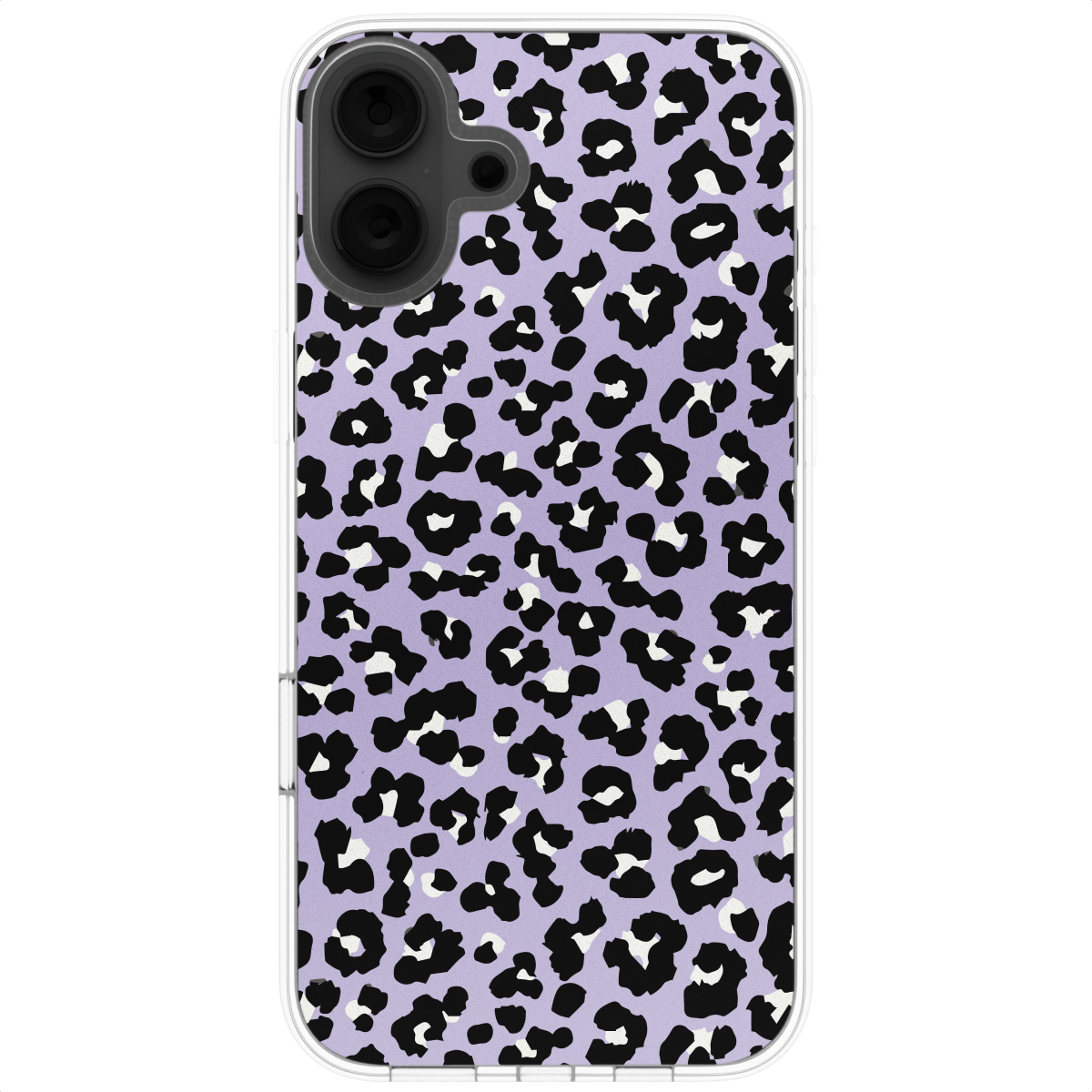 Telefoonhoesje, paarse achtergrond met zwarte luipaardprint. Transparante hoes.
