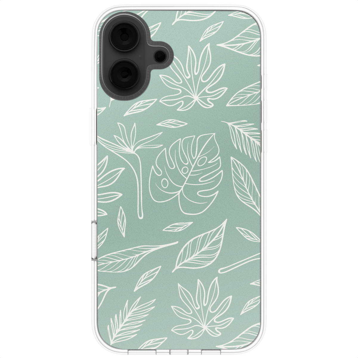 Een iPhone-hoesje met een groene achtergrond en een wit bladerdesign.
