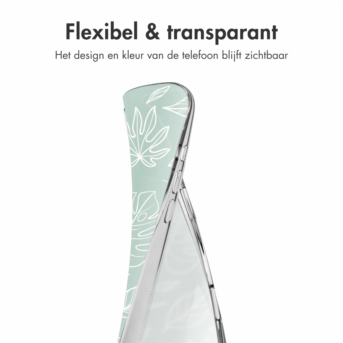 Transparante telefoonhoes met witte bladeren. De hoes ligt op een wit oppervlak. Witte achtergrond.