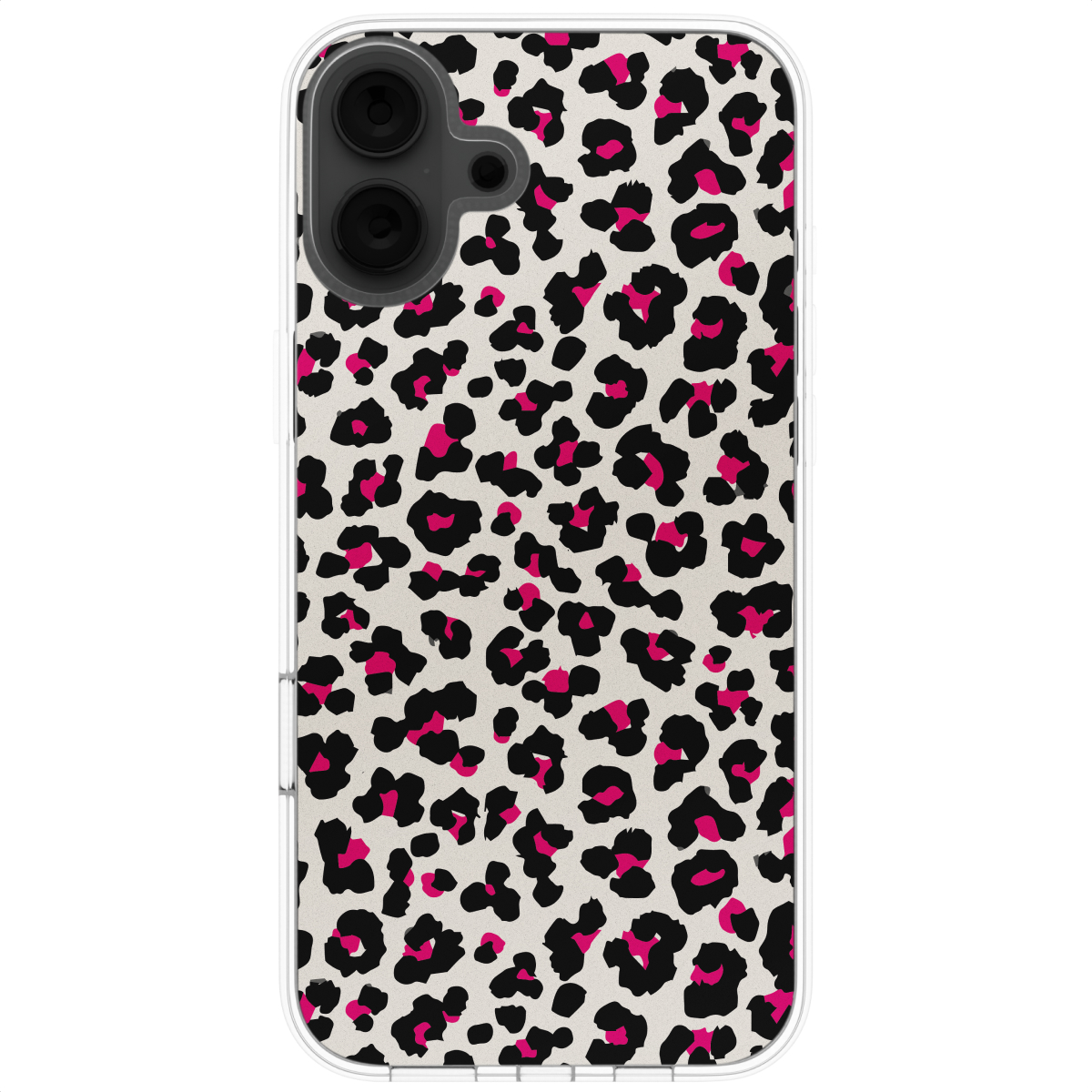 Telefoonhoesje met een luipaardprint. Zwarte vlekken op een witte achtergrond, met roze in de zwarte.