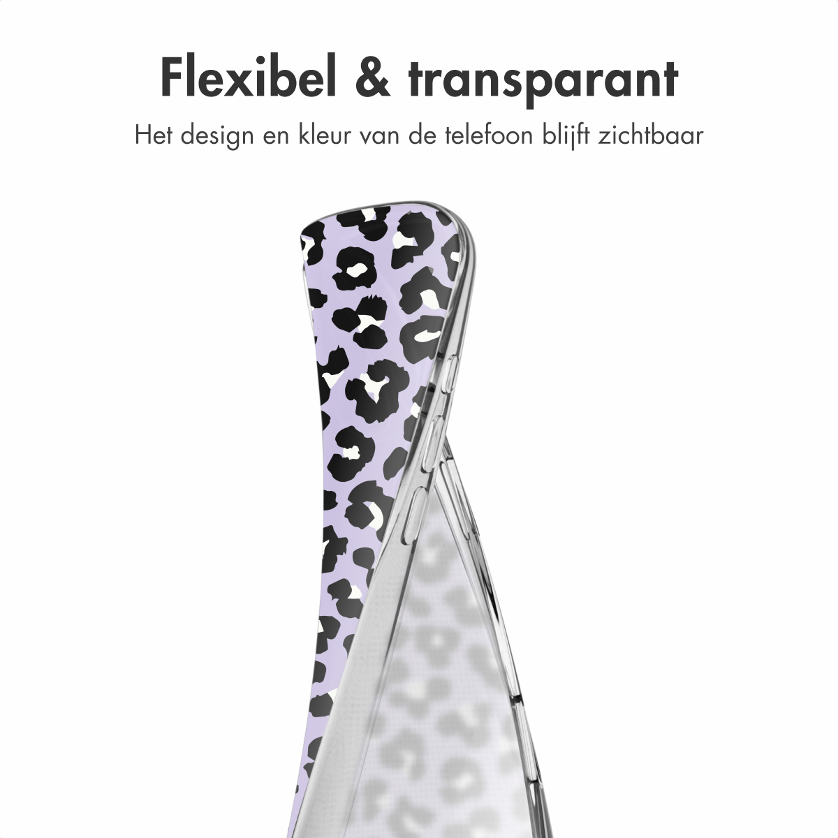 Een telefoonhoesje met een luipaardprint op een lavendelkleurige achtergrond. Tekst zegt 'Flexibel & transparant'.