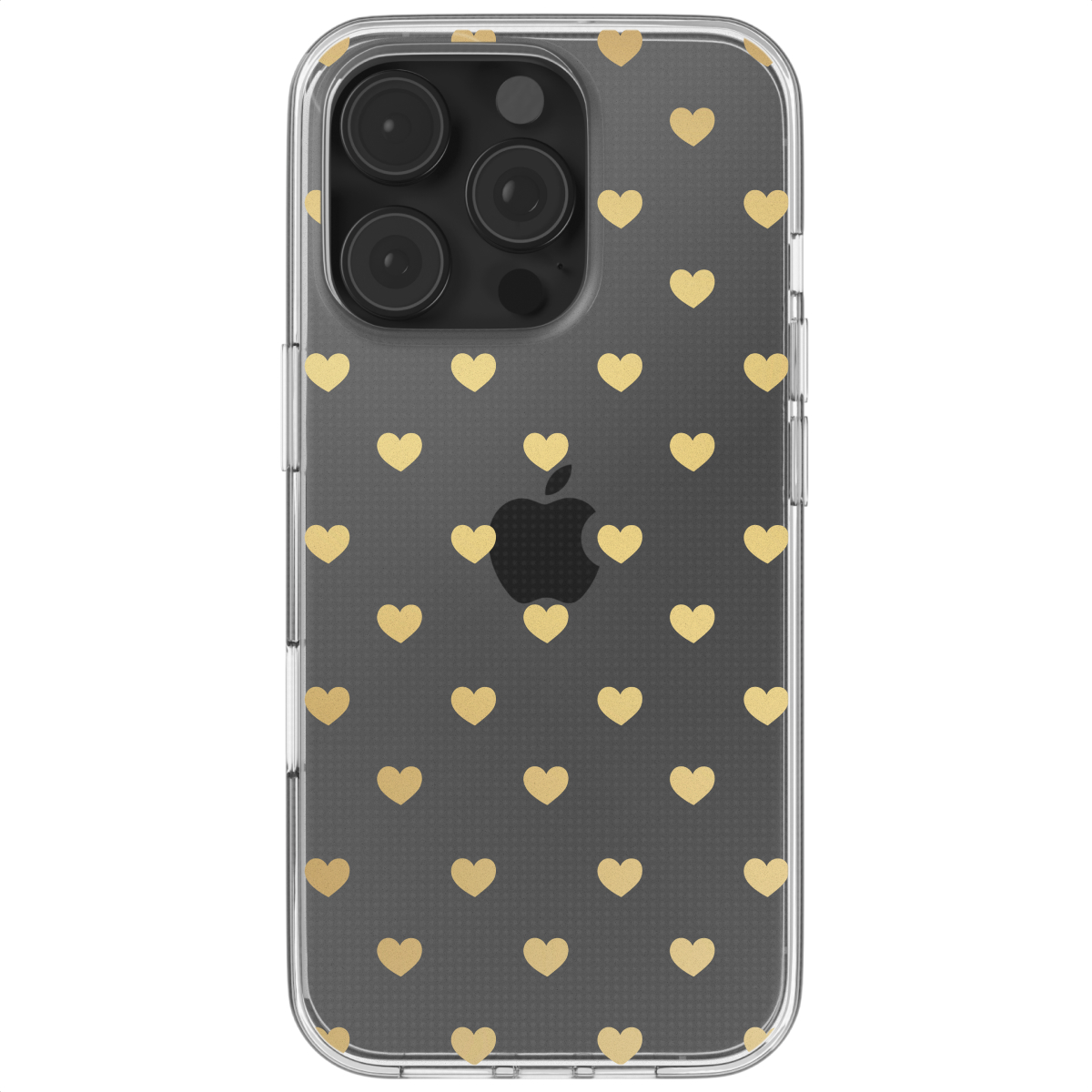 Transparante telefoonhoes met gouden hartjes op een zwarte achtergrond, iPhone getoond.
