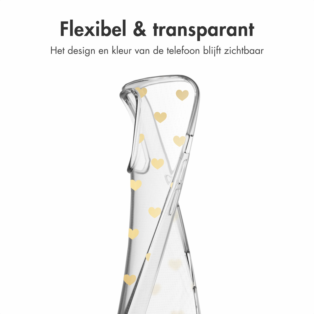 Een transparante telefoonhoes met een gouden hartjespatroon, die het flexibele en transparante ontwerp benadrukt.