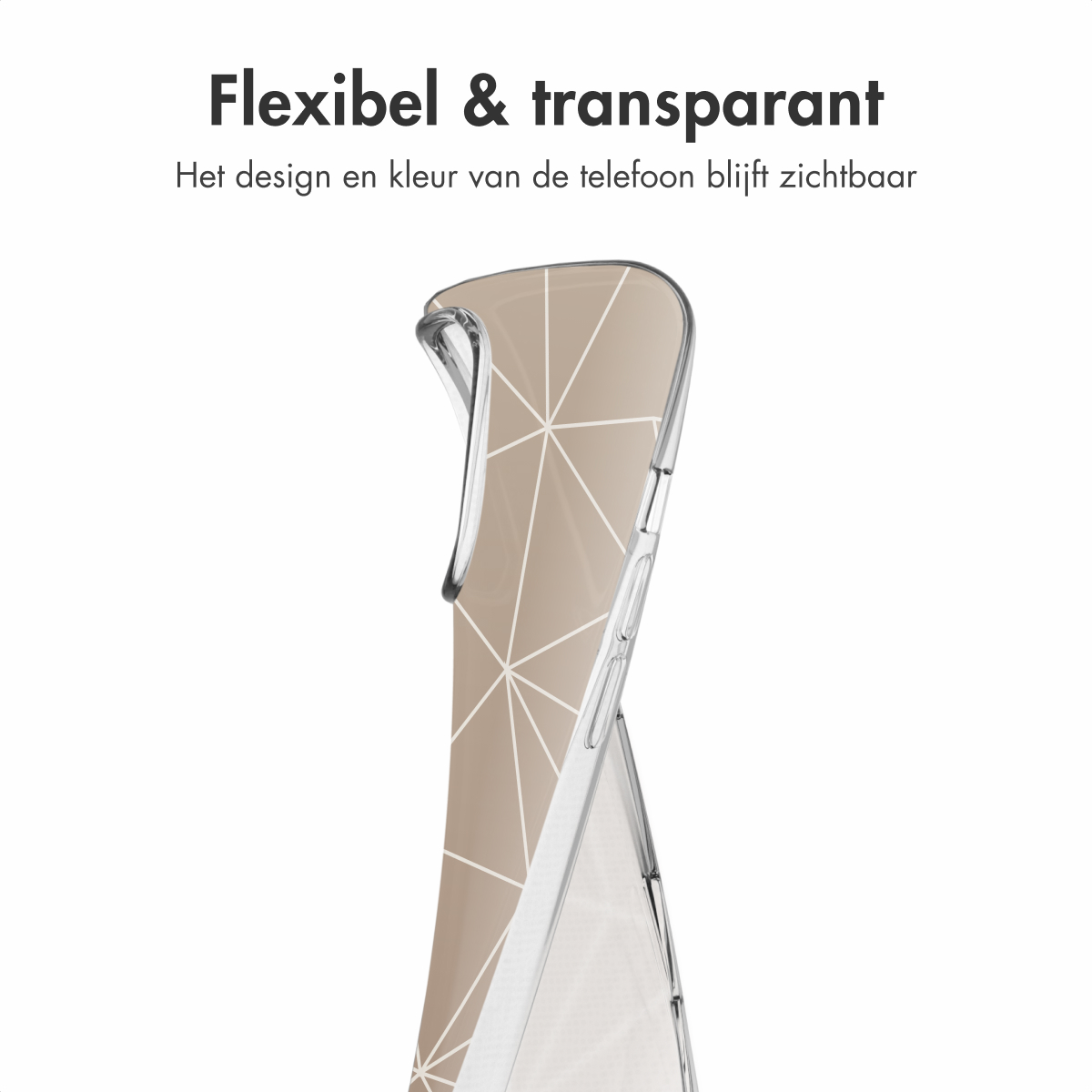 Een doorzichtige telefoonhoes met geometrisch ontwerp. De hoes is licht gebogen.