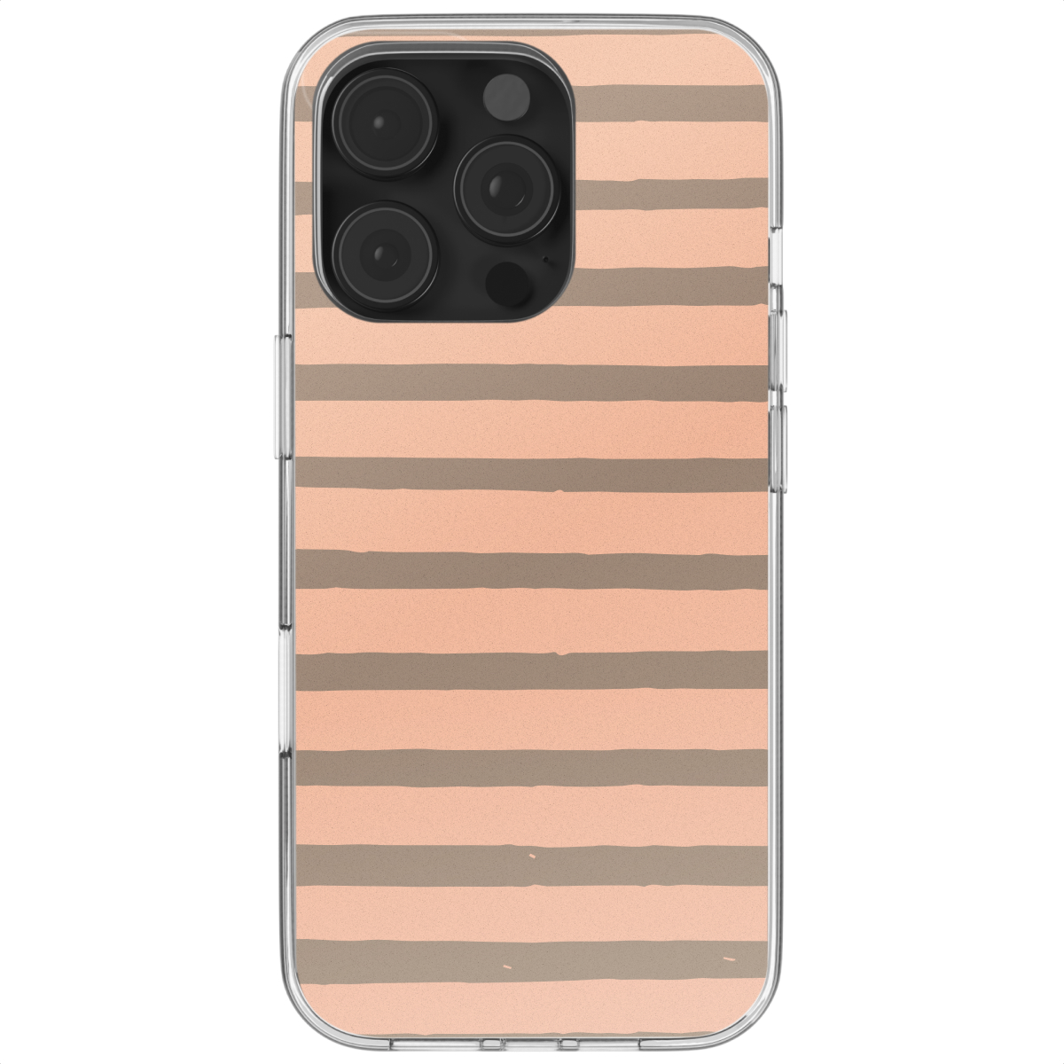 Telefoonhoesje met horizontale bruine en beige strepen, bedekt een telefoon met camera.