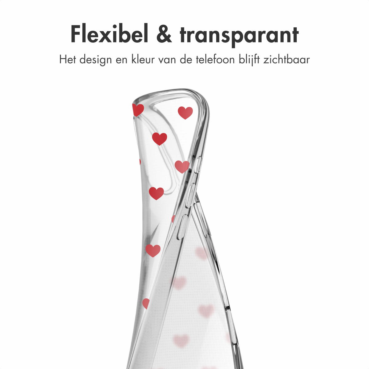 Transparante telefoonhoes met rood hartpatroon, op een witte achtergrond.