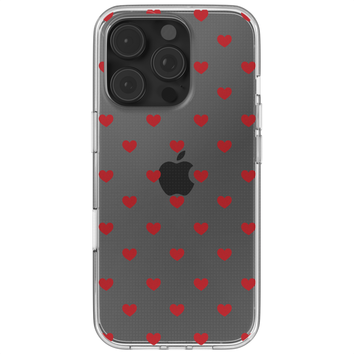Transparante telefoonhoes met rode harten. De achterkant van de telefoon is zichtbaar. De harten zijn rood.
