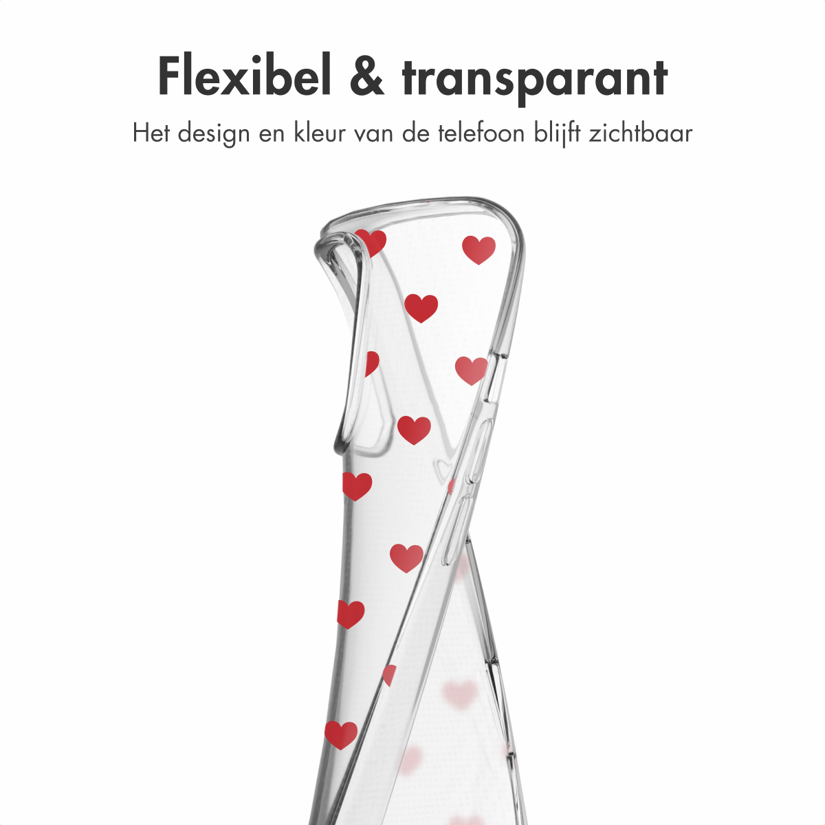 Transparante telefoonhoes met rode hartjes, witte achtergrond.