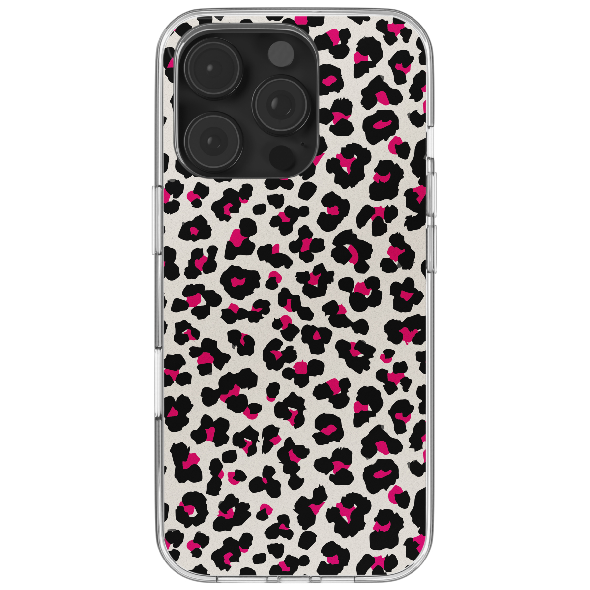 Een telefoonhoesje met een luipaardprint, zwart, roze en wit.