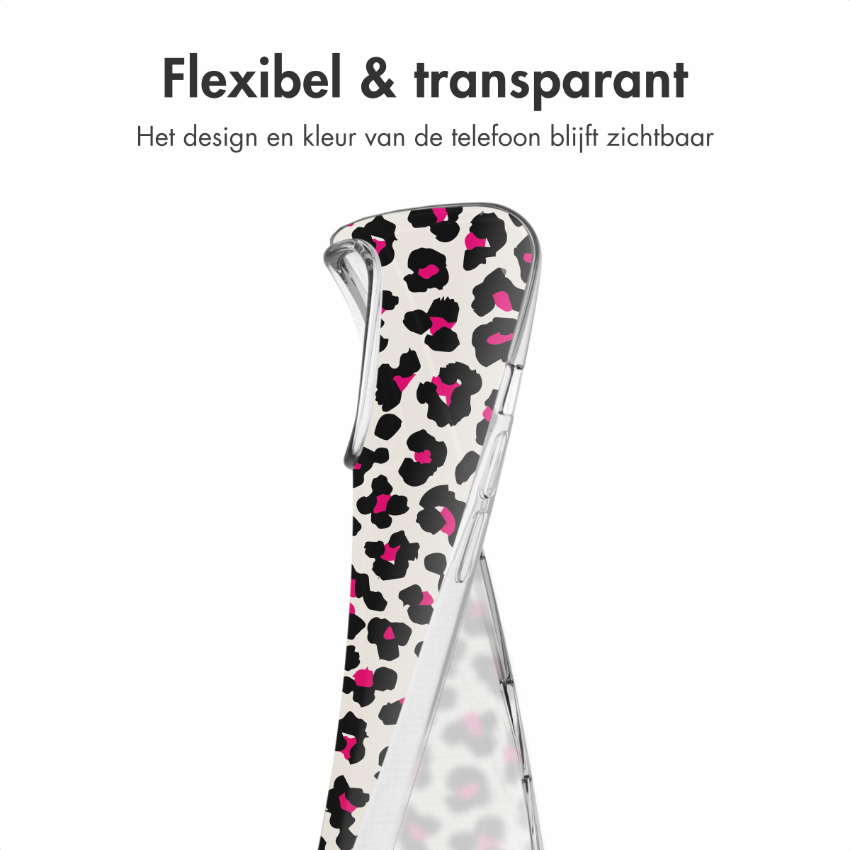 Transparante telefoonhoes met een luipaardprint, op een witte achtergrond. Tekst: 'Flexibel & transparant'.