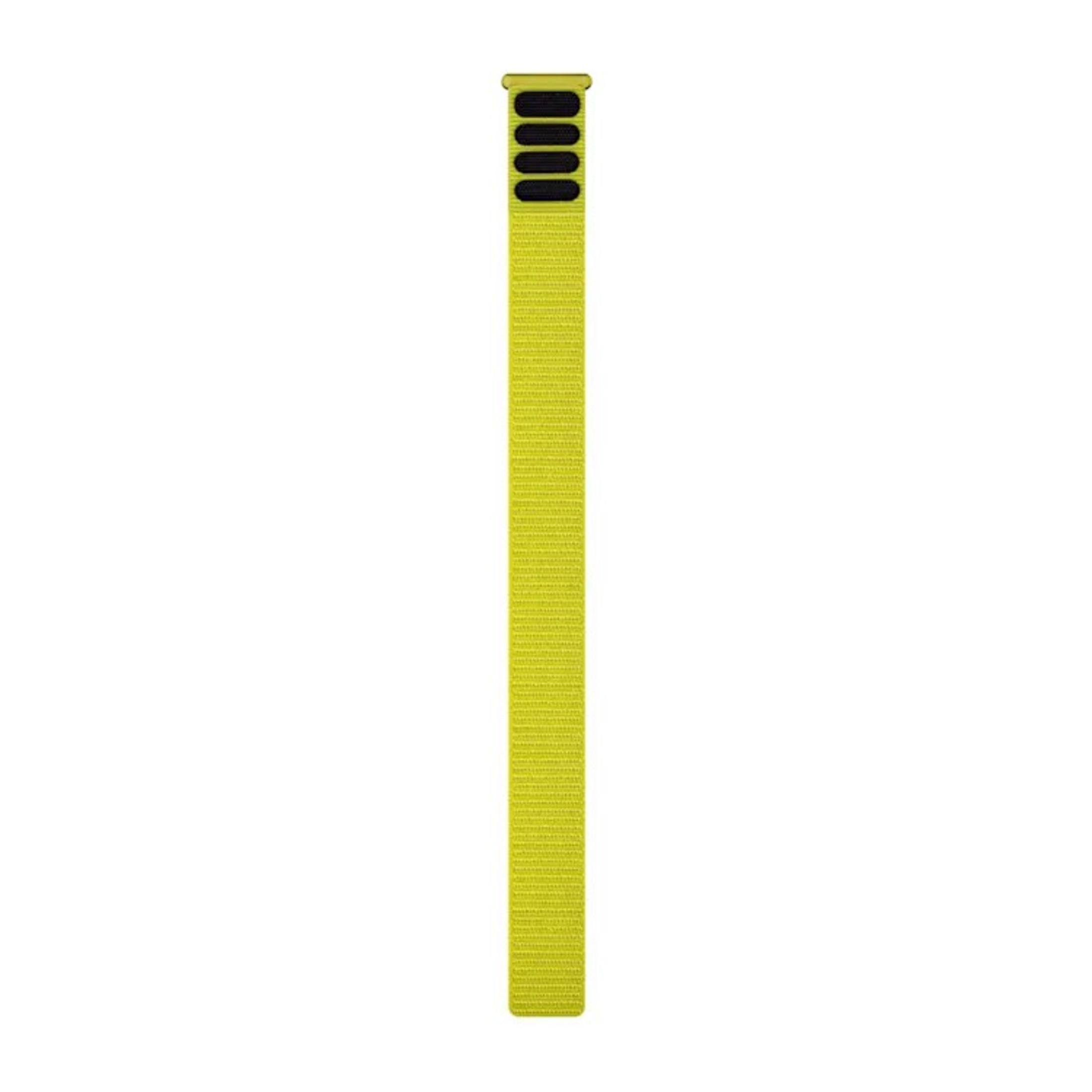 Cinturino Apple Watch giallo brillante. Presenta un design intrecciato e strutturato con connettori neri.