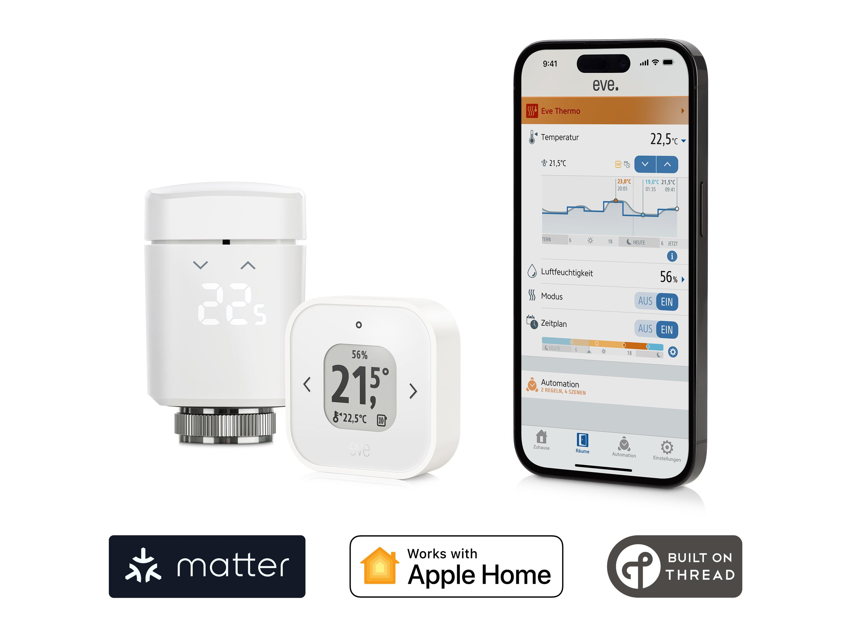 Białe urządzenia smart home, telefon pokazujący wykres i logo Matter, Apple Home i Thread.