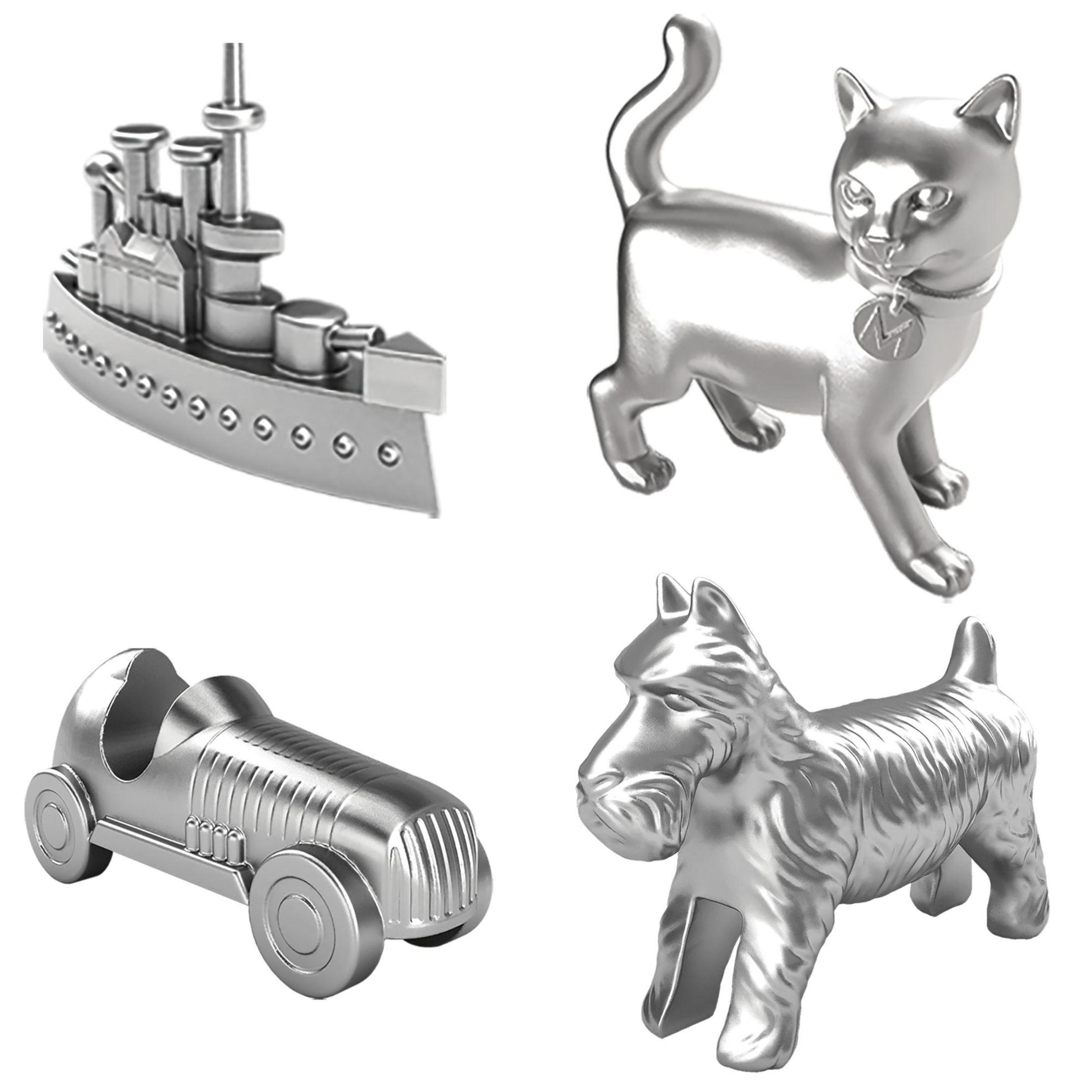 Cztery metalowe pionki gry Monopoly: statek, kot, samochód i pies. Wszystkie są srebrne na białym tle.
