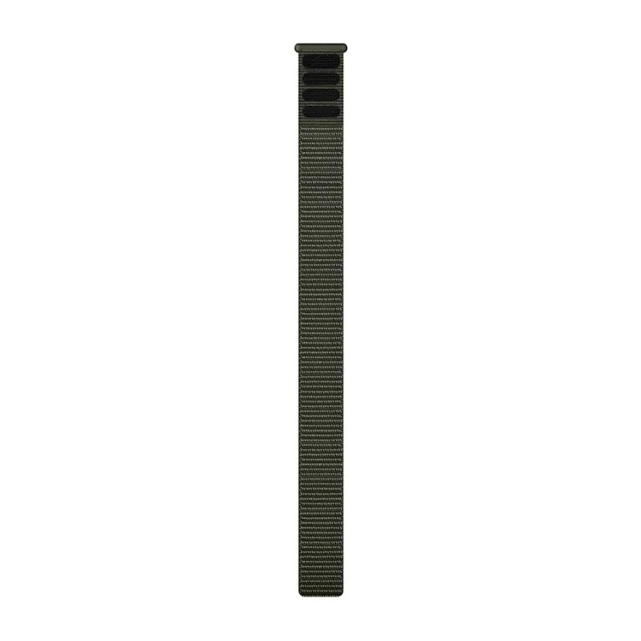 Dunkelgrünes Uhrenarmband, lang und schmal, mit Klettverschluss, vor weißem Hintergrund.