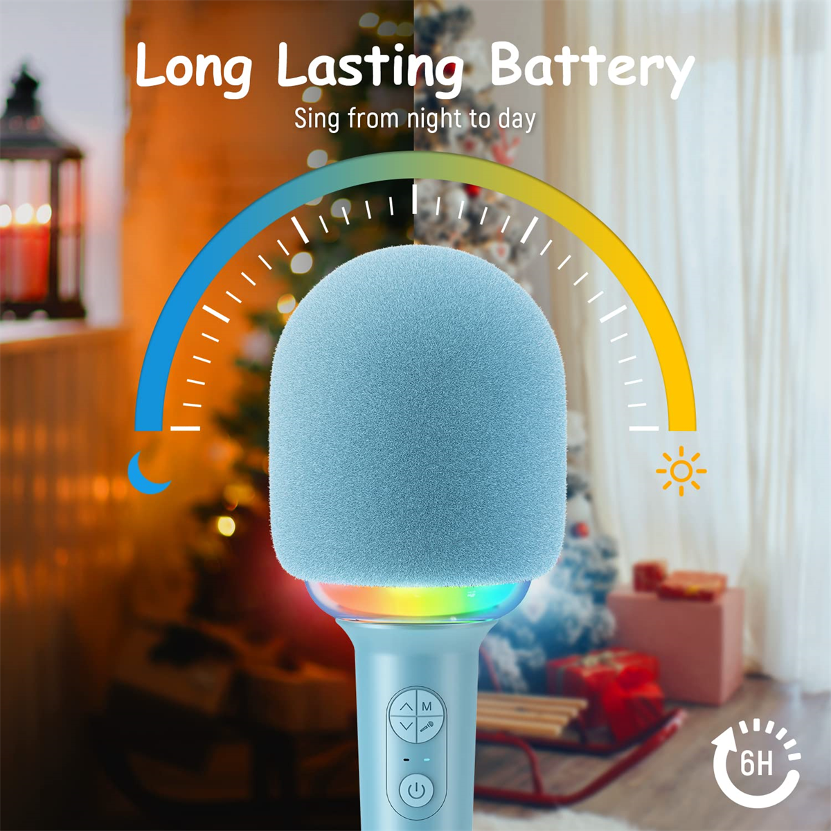 Ein blaues Mikrofon mit mehrfarbigem Licht und Batteriestandsanzeige.