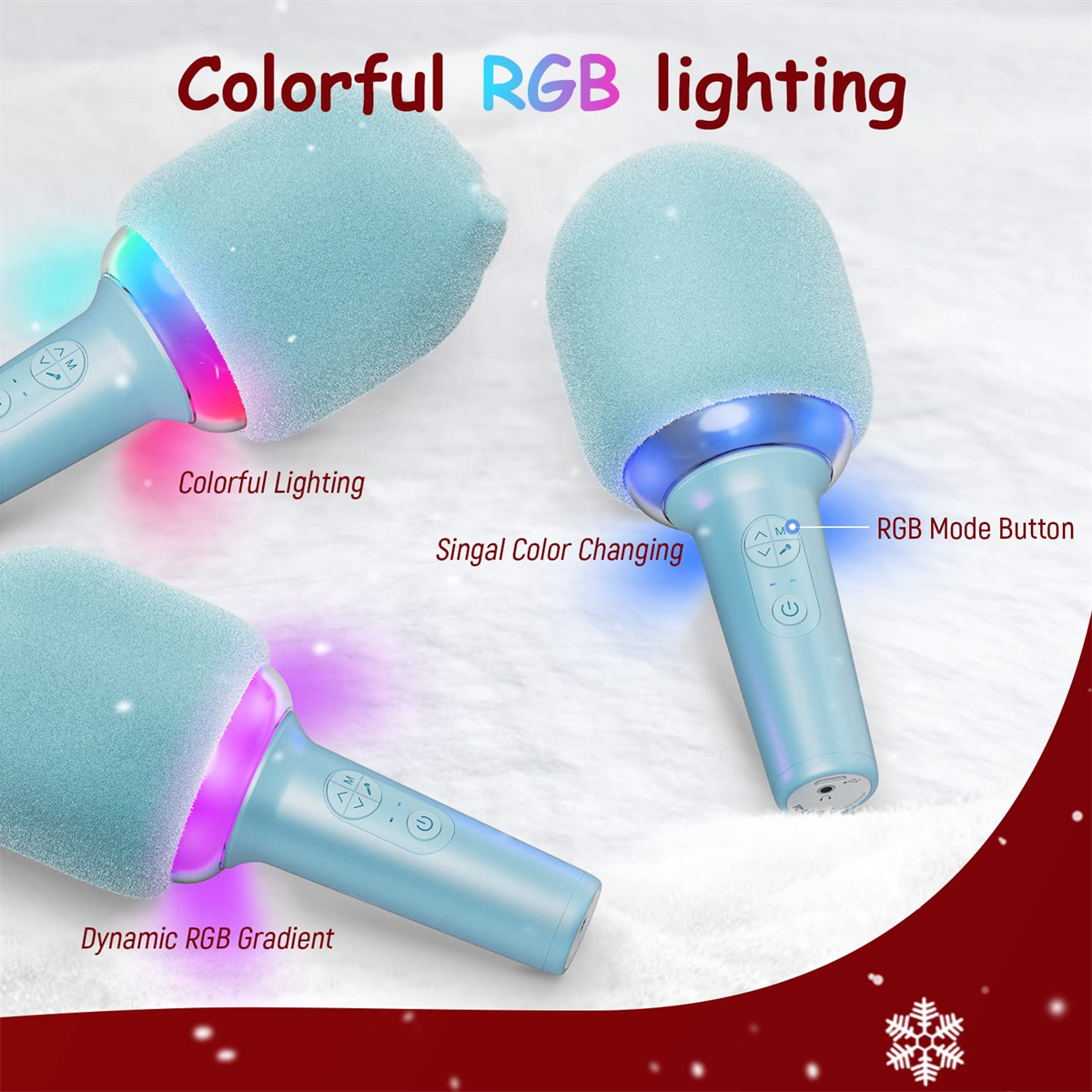 Mikrofone mit farbenfroher RGB-Beleuchtung. Einer zeigt einen blauen Körper, ein anderer rosa und ein dritter grün.