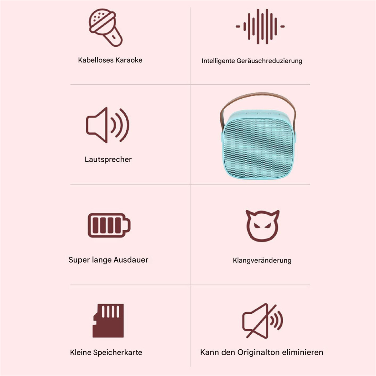 Symbole für Karaoke-Mikrofon, Rauschunterdrückung, Lautsprecher, Akku, Klangänderung, SD-Karte und Ton eliminieren.