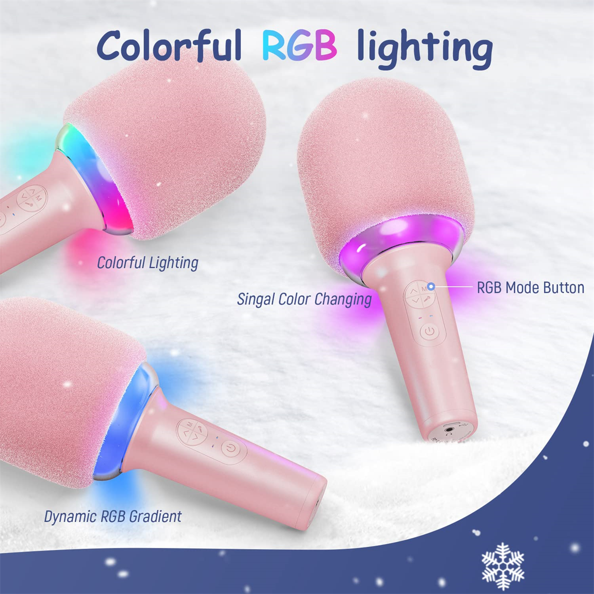Rosa Mikrofone mit RGB-Beleuchtung, beschriftet mit 'Colorful RGB lighting' und 'Singal Color Changing'.