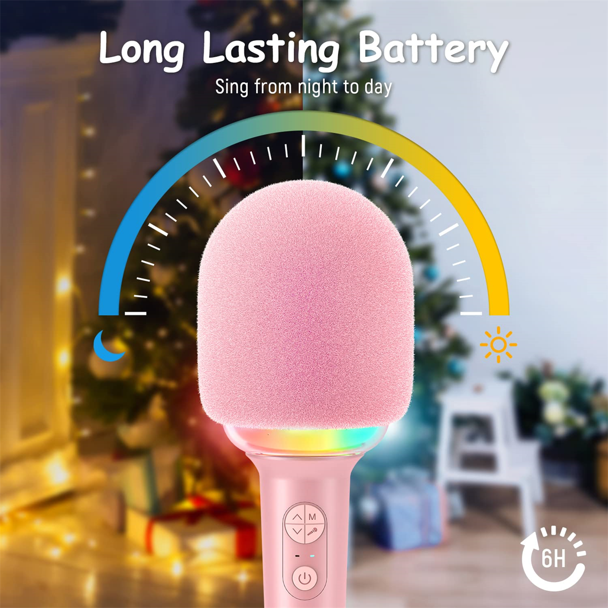 Ein rosa Mikrofon mit buntem Lichtsockel und ein Halbkreis, der die Akkulaufzeit anzeigt. Nacht- und Taghintergrund.