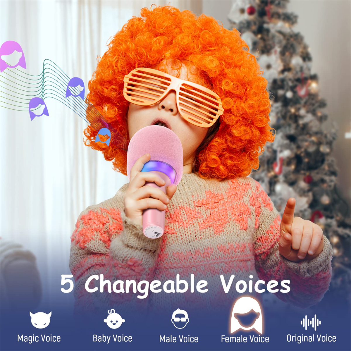 Kind singt in ein rosa Mikrofon. Cartoon-Stimm-Icons. Orange Perücke, weißer Hintergrund.