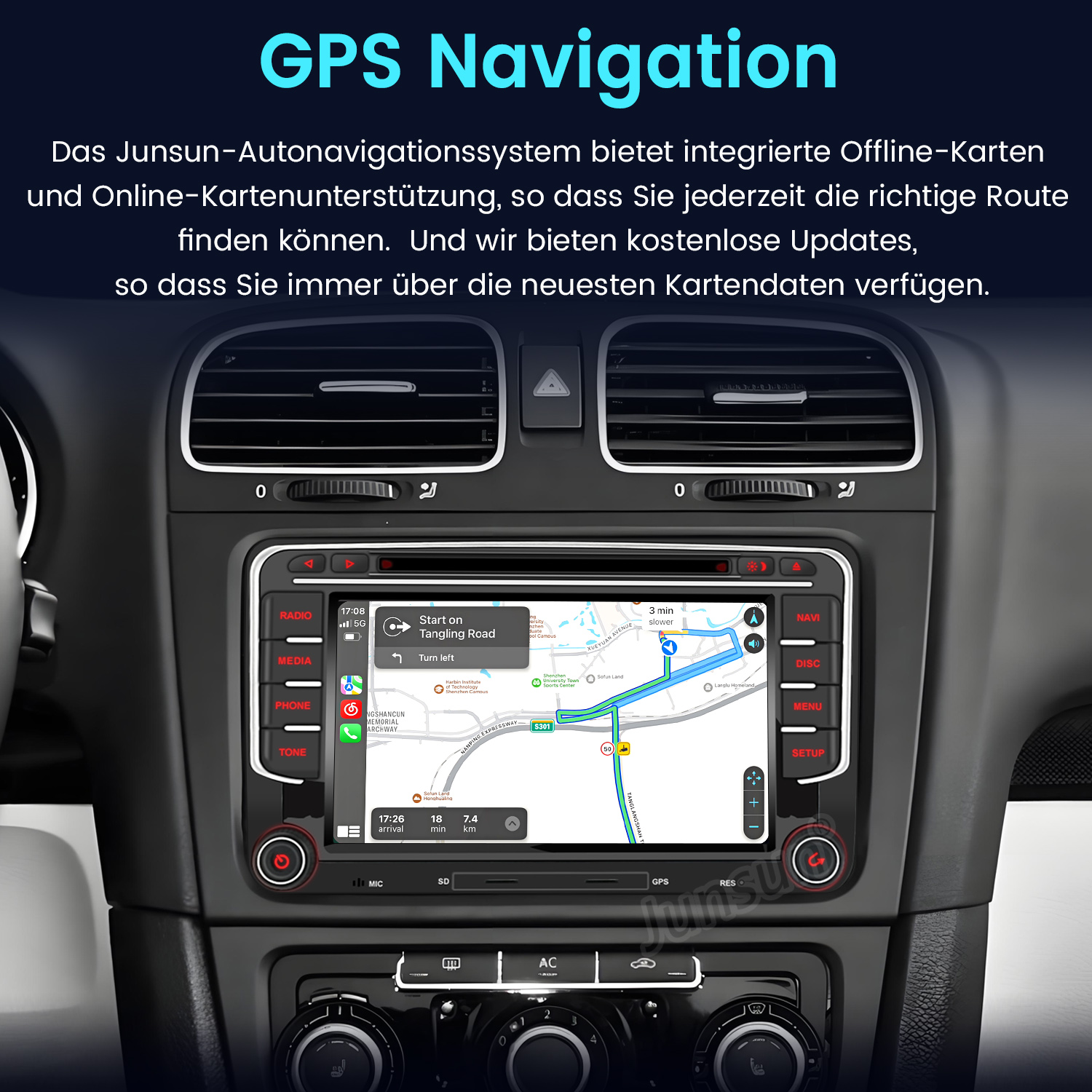 Auto-Navigationsbildschirm mit Karte und Routenführung. Armaturenbrett und Lüftungsschlitze sichtbar.