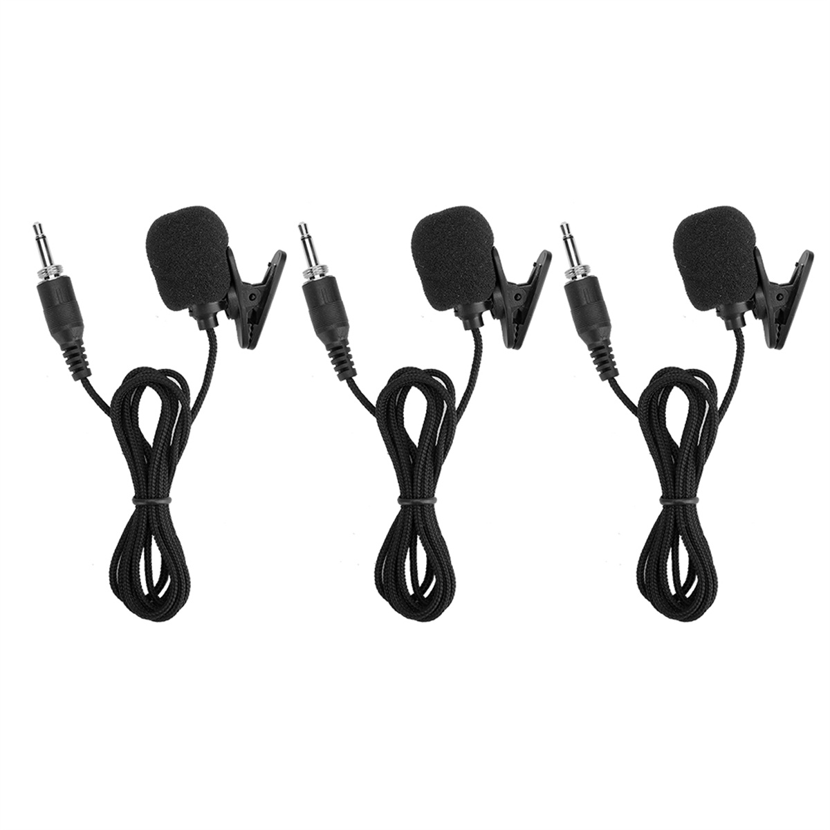 Drei schwarze Lavalier-Mikrofone mit Schaumstoffabdeckungen und 3,5-mm-Anschlüssen.