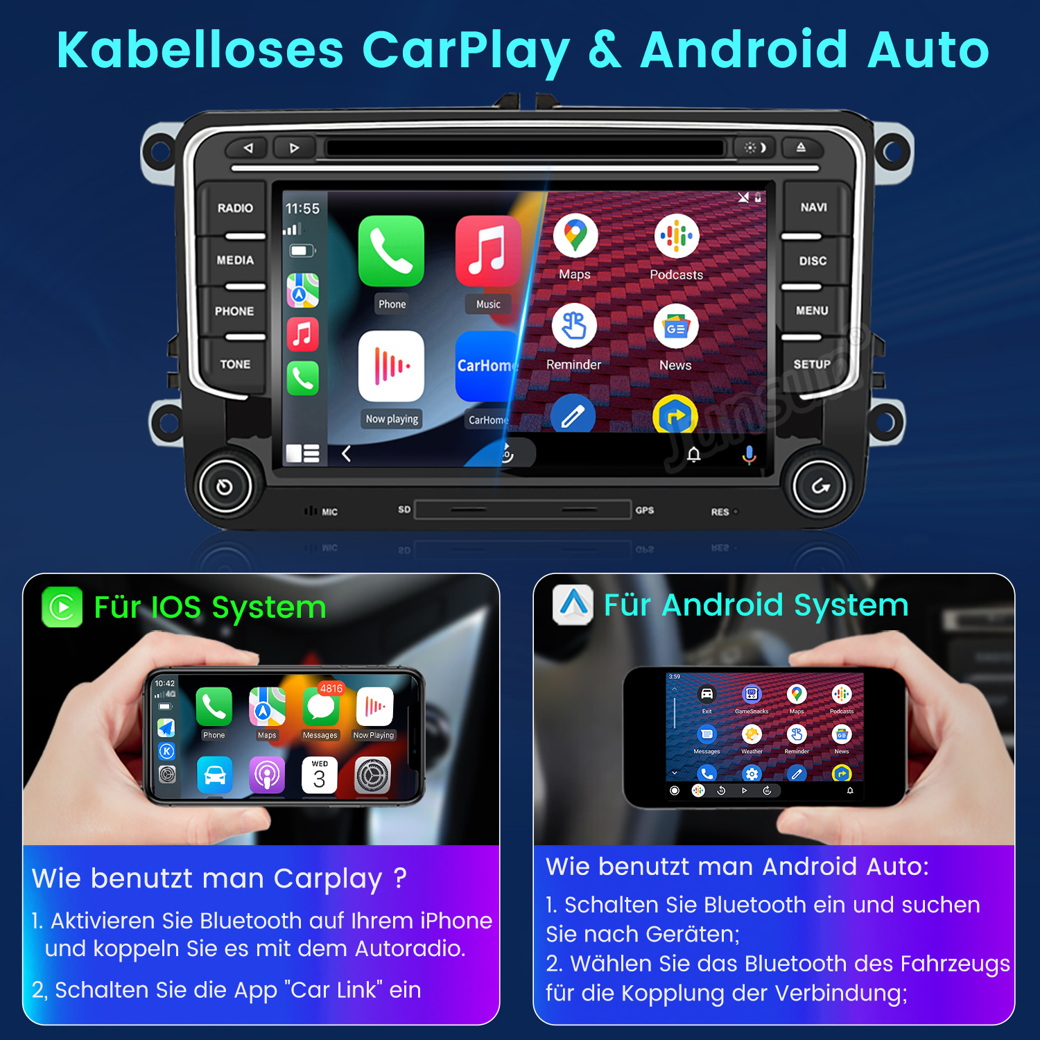 Wyświetlacz samochodowego systemu multimedialnego pokazujący funkcje CarPlay i Android Auto, pokazano dwa ekrany telefonów.