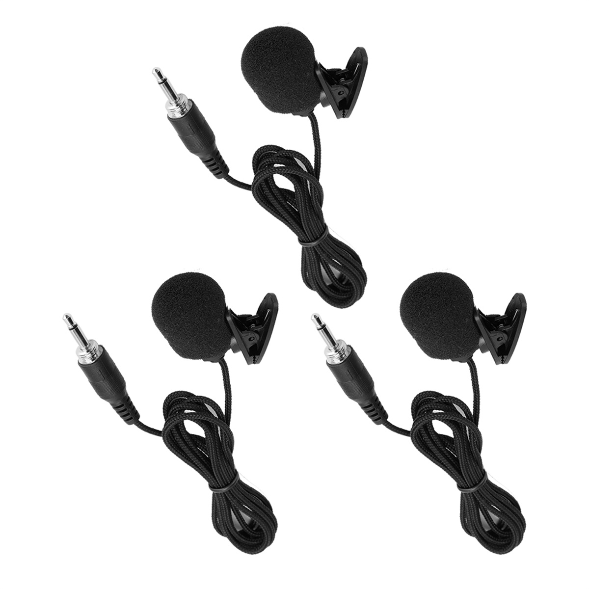 Drei kleine schwarze Mikrofone mit Clips, Kabeln und Klinkensteckern.