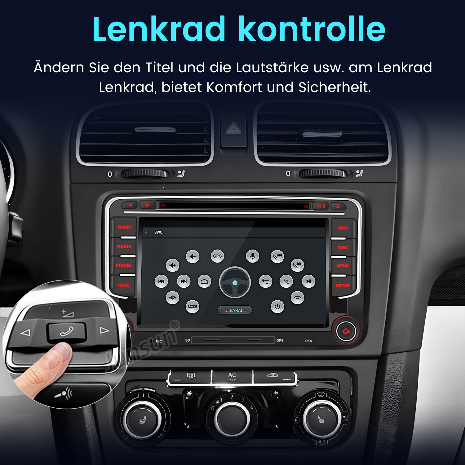 Autoradio mit Bildschirm und Knöpfen, eine Hand, die die Lenkradtasten benutzt. Text auf Deutsch.