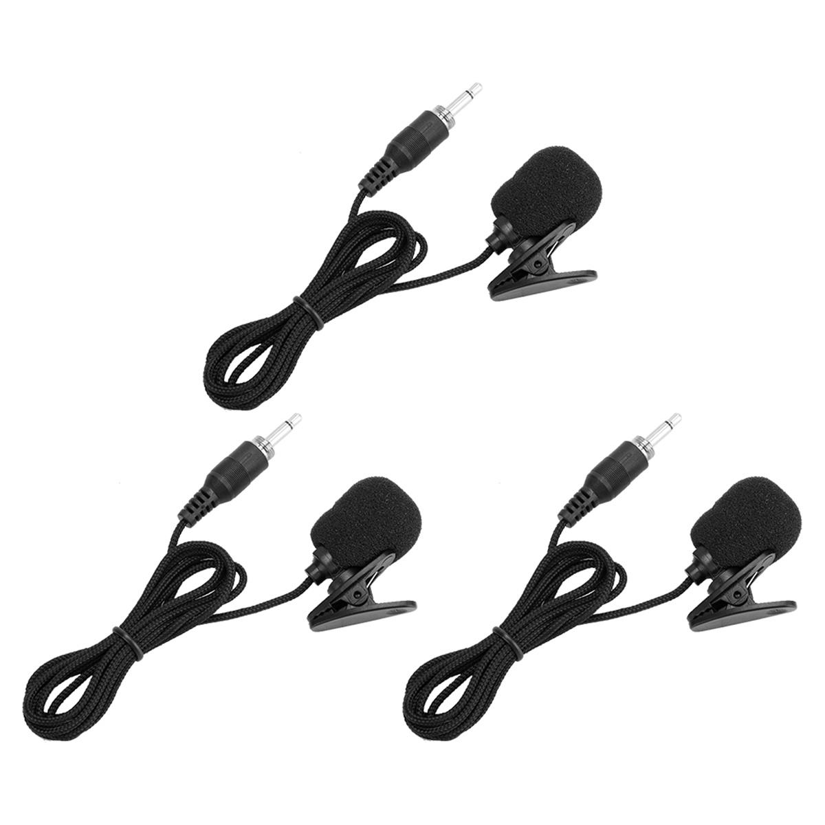 Drei kleine schwarze Mikrofone mit Clips und Kabeln, einsatzbereit.