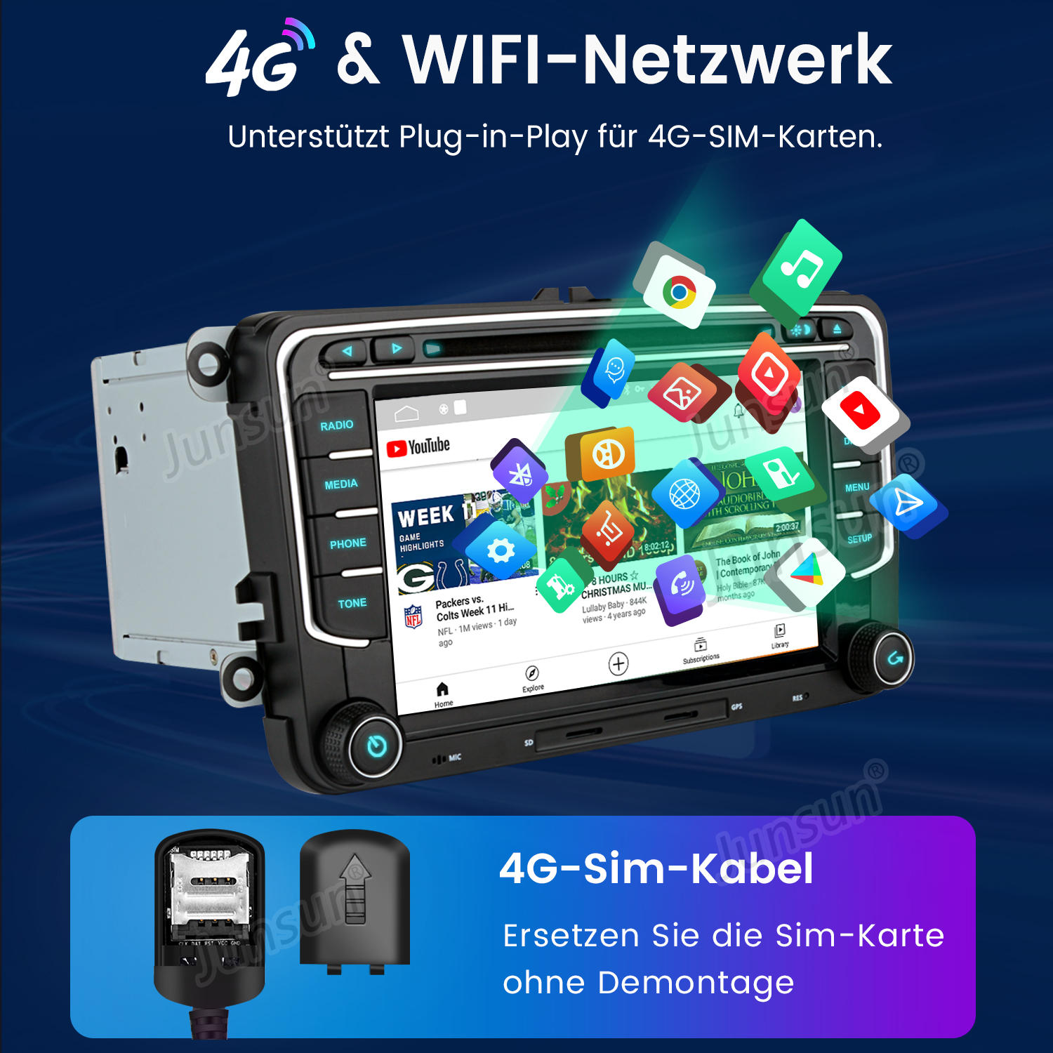 Radio samochodowe z ekranem. Wiele ikon aplikacji. Tytuł to '4G & WIFI-Netzwerk'.