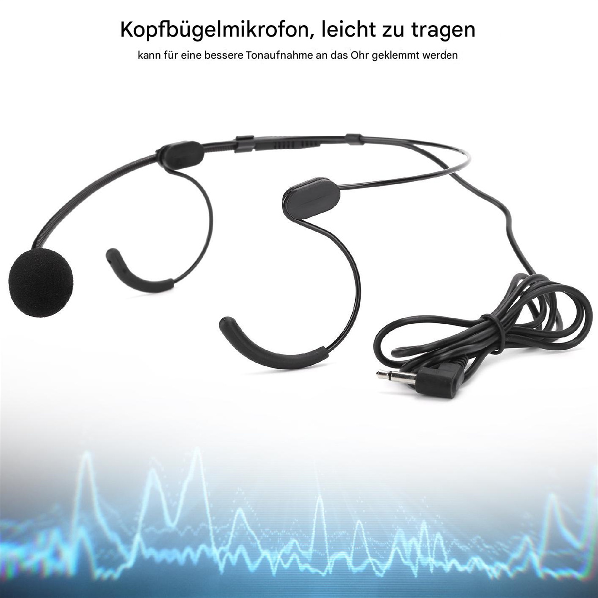 Schwarzes Headset-Mikrofon. Das Headset hat ein Mikrofon und ein Kabel mit Klinkenstecker.