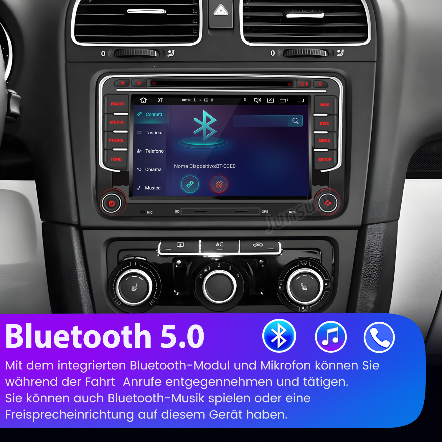 Autoradio-Bildschirm, der die Bluetooth-Verbindungsoberfläche anzeigt, mit Text in mehreren Sprachen.