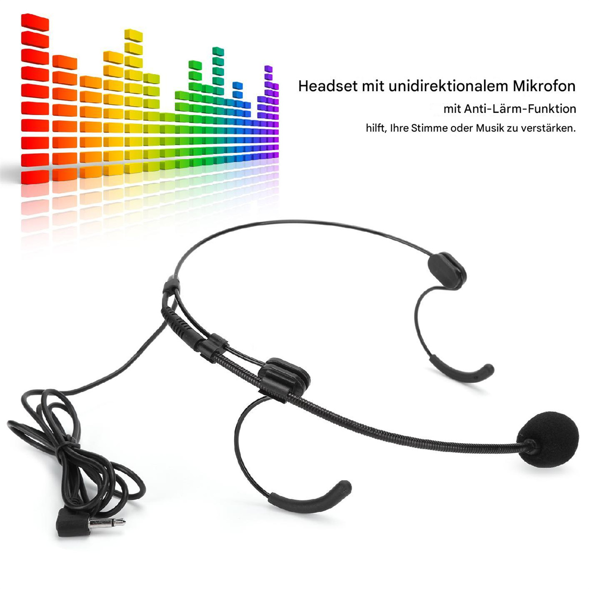Headset-Mikrofon mit einem Regenbogen-Equalizer-Grafik.
