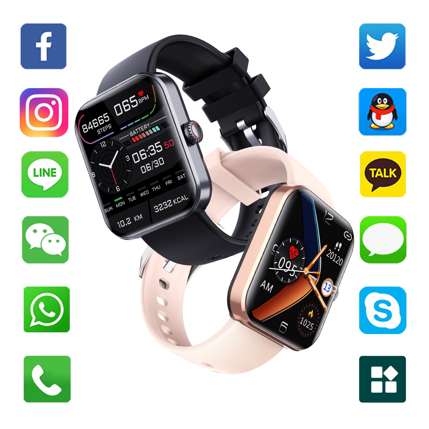 Smartwatches mit verschiedenen Zifferblättern und Armbändern, zusammen mit Social-Media-App-Symbolen.