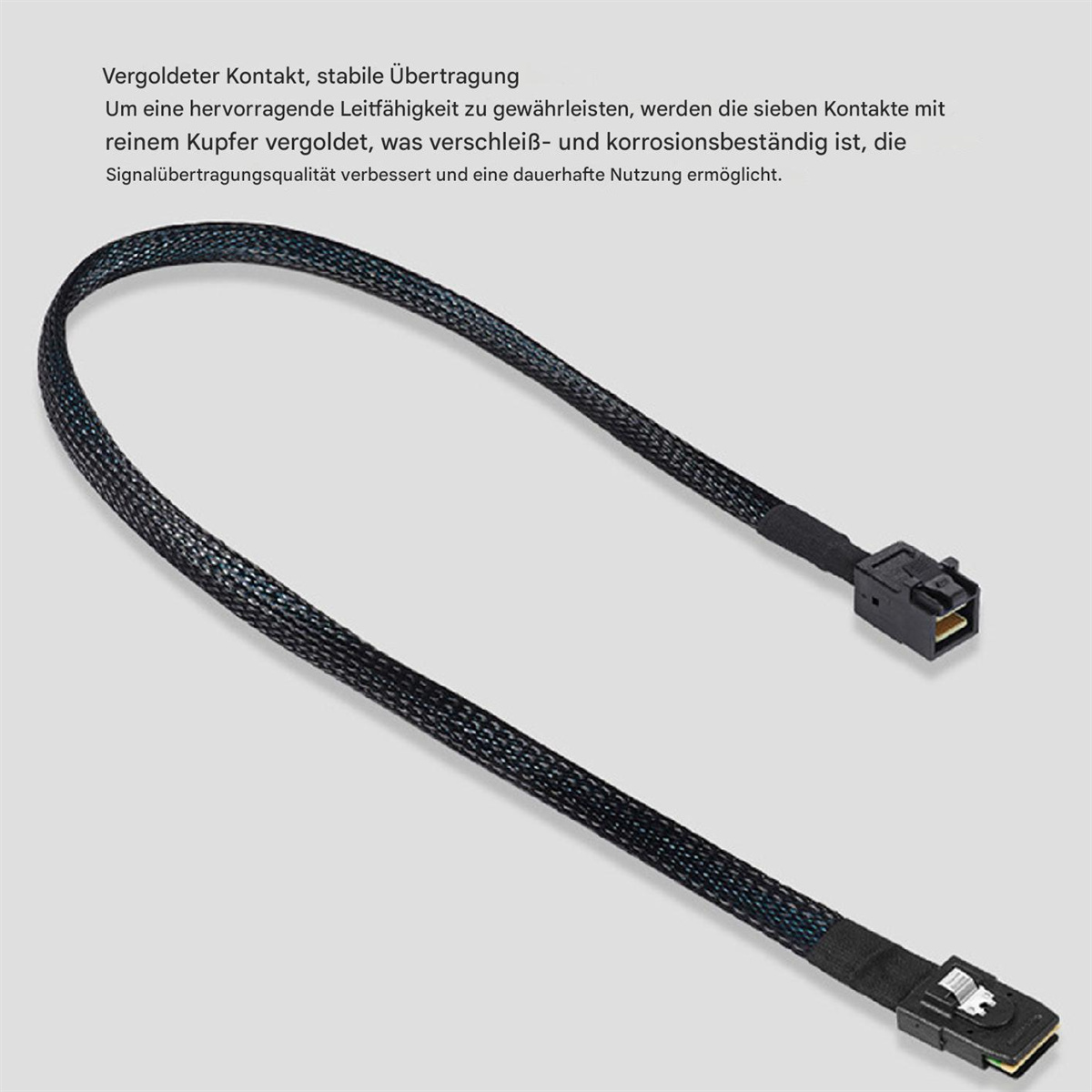 Schwarzes Kabel mit Anschlüssen. Text auf Deutsch. Vergoldeter Kontakt, stabile Übertragung.