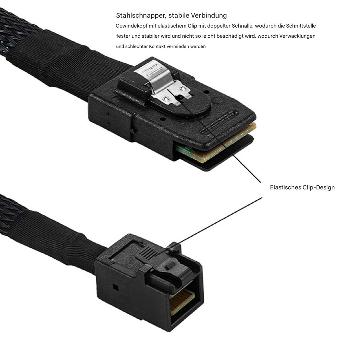 Schwarzer Stecker mit Sicherungsclip, der an einem schwarzen Kabel befestigt ist.