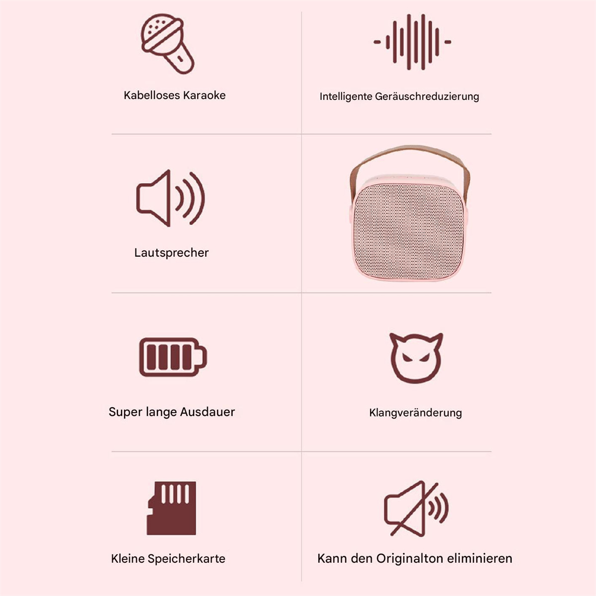Sechs Symbole, die Funktionen eines Lautsprechers zeigen: Karaoke, Rauschunterdrückung, Lautsprecher.