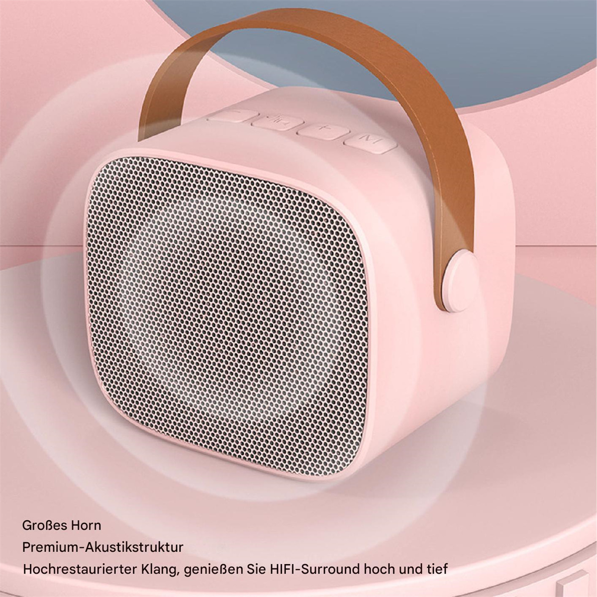 Ein pinkfarbener Lautsprecher mit braunem Griff. Der Hintergrund ist eine hellfarbige Oberfläche.