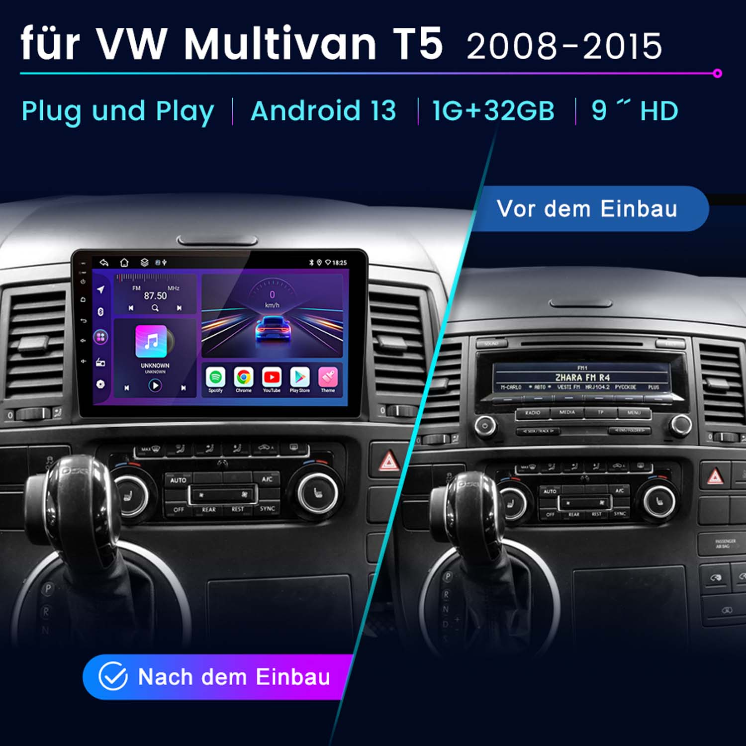 Autoradio mit integriertem Bildschirm mit Apps und Funktionen, zeigt das Radio und den Innenraum des Autos.